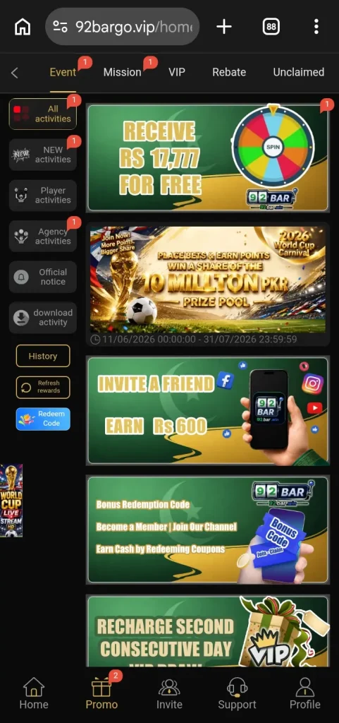 92Bar Game Rewards and bonuses Platform in Pakistan.
